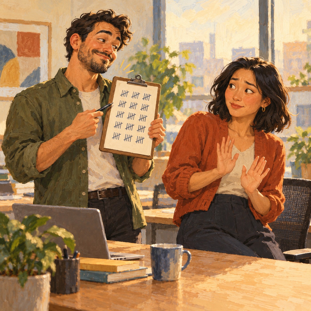 A man holds a clipboard covered with tally marks while a woman beside him raises her hands in disbelief.