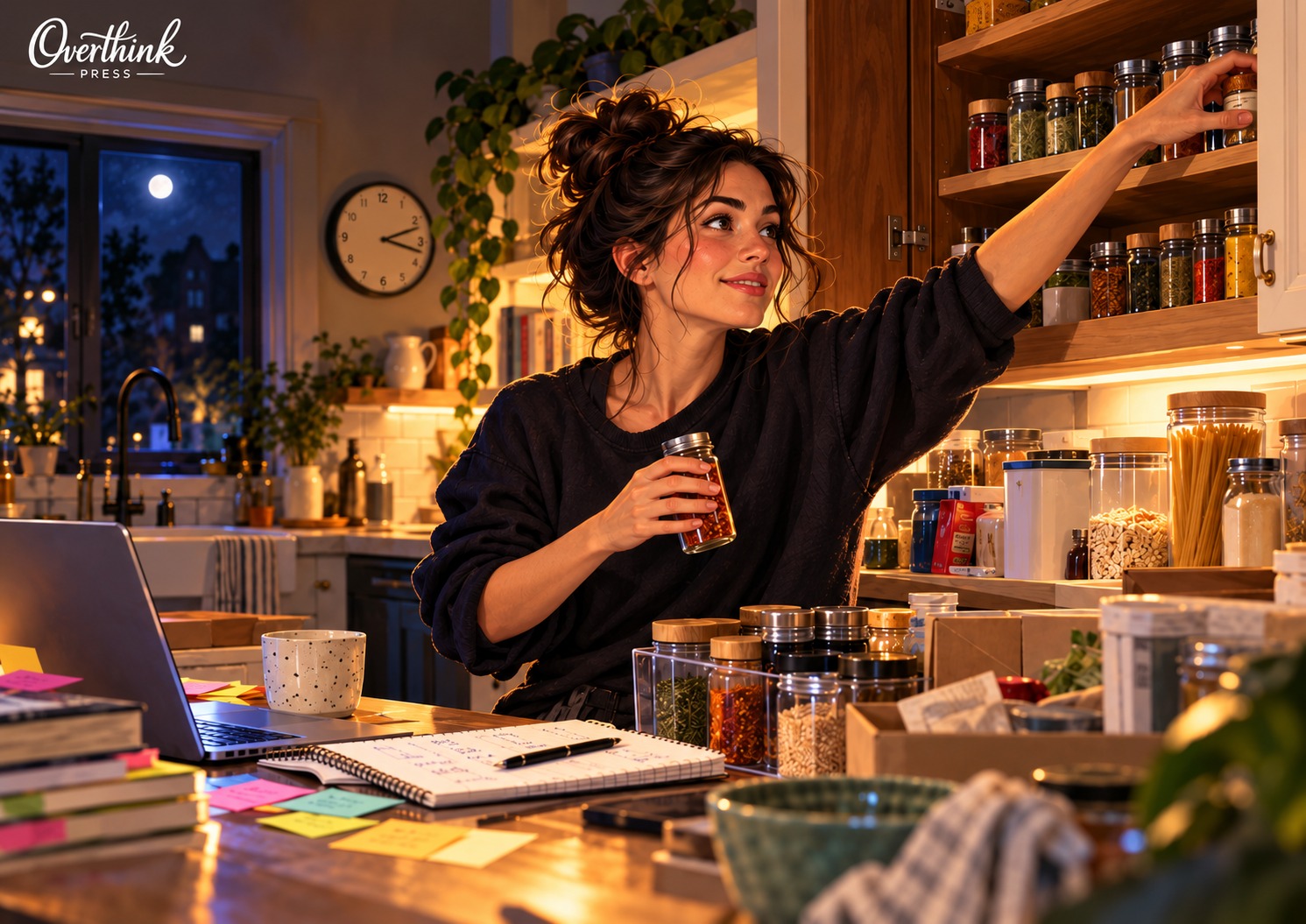 Cassandra reorganizes spices late at night in a warmly lit kitchen while a laptop and notes sit open nearby.