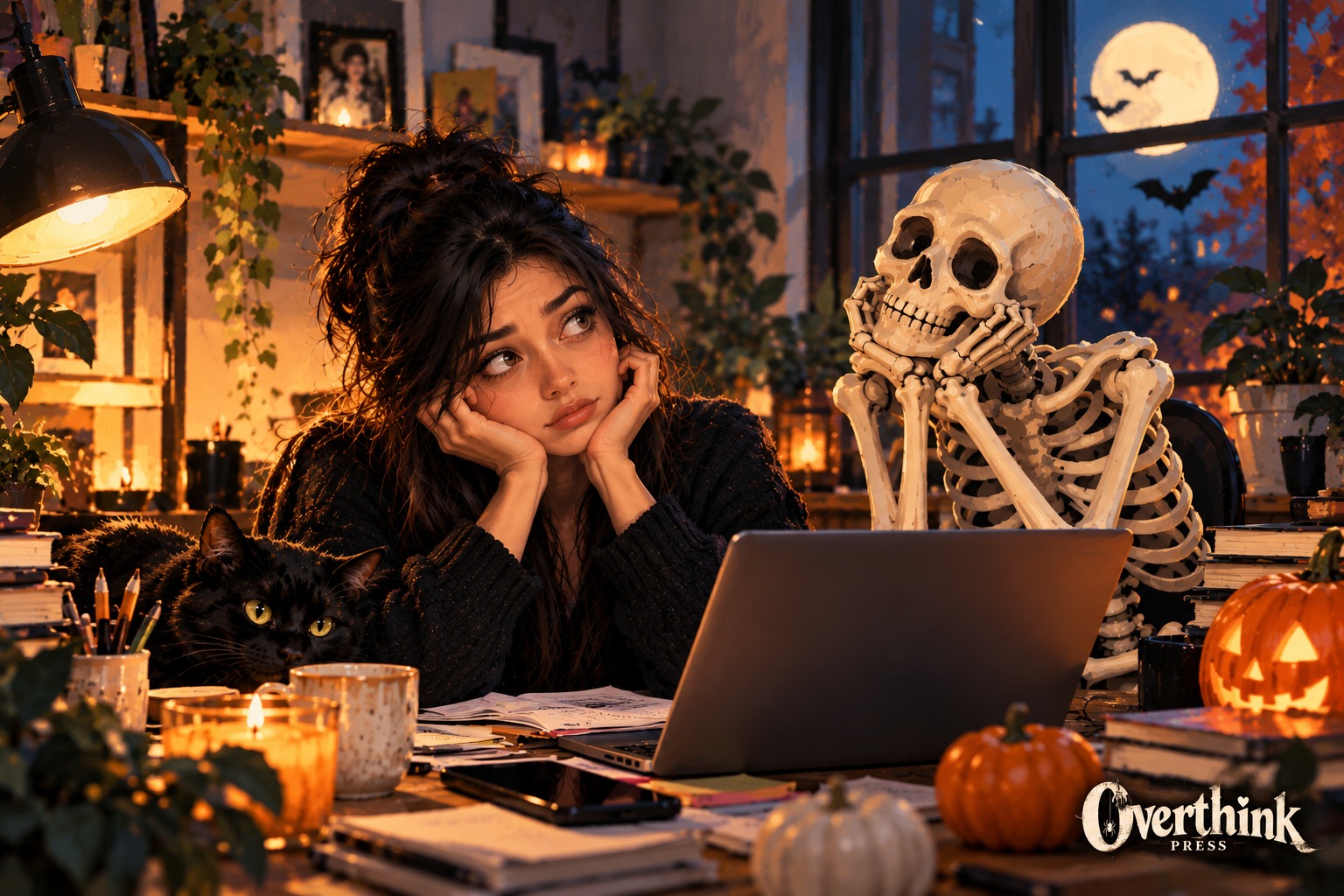 A tired woman sits at a warm autumn workspace beside a skeleton and black cat, surrounded by subtle Halloween details.
