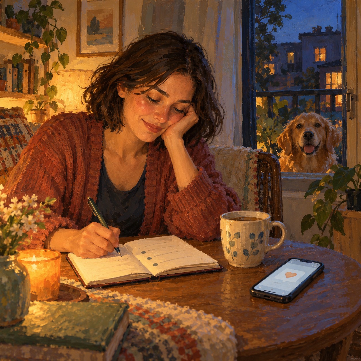 A woman writes quietly in a notebook at home while a friendly dog looks in through the nearby window.