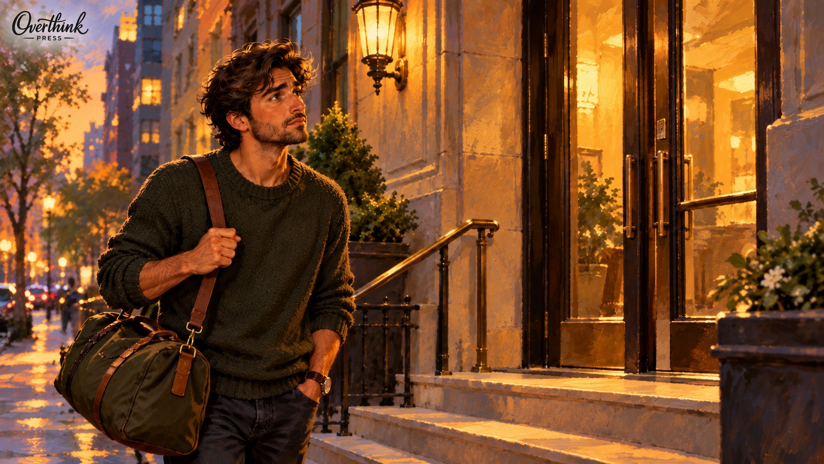 Tom stands outside a warmly lit city building with a travel bag, hesitating before the entrance.